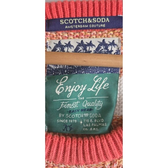 Scoth & Soda Men Jumper Sweater Orange Striped Cable-Knit Crew Neck Cotton Large - Picture 2 of 9